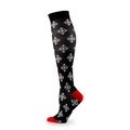 Christmas knee-high compression socks with white snowflake patterns on black and red knit - Grey Base Snowflake
