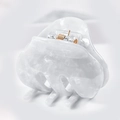 Close-up of white marble acetate hair claw clip with golden metal spring mechanism - S136-1 Bow White Marble