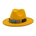 Detail of yellow wool fedora hat featuring bohemian ethnic band and turquoise gemstone - M (56-58cm) / Yellow