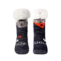 Navy blue knitted slipper socks with white plush cuffs and cute cat patterns - Grey Cat