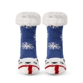 Detailed knit texture of blue Christmas polar bear socks with white plush cuffs - Blue Scarf Bear