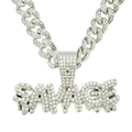 Detail of silver Cuban link chain and SAVAGE iced out pendant with sparkling rhinestones - 50cm Cuban Chain Set / Silver