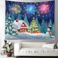 Christmas tapestry with snow cabin and reindeer over a cozy living room sofa - Snowy Cabin Decorated Tree (Style 6)