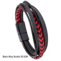 Meerlaagse gevlochten lederen armband in rood en zwart met zwarte magneetsluiting, 20,5 cm - Zwarte Gelegeerde Sluiting 20,5 CM