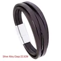 Multi-layer brown leather bracelet for men with silver alloy magnetic clasp 22.5cm - Silver Alloy Clasp / Brown / 22.5CM