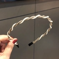 Elegant braided faux pearl and gold wire headband for women in minimalist Korean style - Khaki Pearl Braid