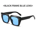 Square oversized sunglasses featuring black frames with blue lenses and gold rivets - Black Frame Blue Lens