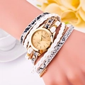 Women's quartz watch with leopard snake pattern and braided layered wrist strap - White
