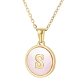 Gold stainless steel necklace featuring a round pink shell pendant with a 3D letter S - Gold S (With Chain)
