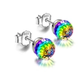 Macro shot of colorful faceted crystal ball earrings with 925 silver stamp on studs - 6mm / Iridescent