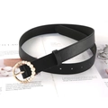 Women's black leather belt with golden round pearl buckle on decorative magazine - Black