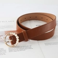 Brown leather belt for women featuring a gold round buckle with elegant pearl inlay - Camel