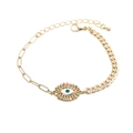 Gold Cuban link bracelet with colorful cubic zirconia evil eye charm and adjustable chain - B0073 Mixed Chain Evil Eye