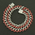 Macro detail of 15mm heavy Cuban link chain with red and white pavé-set rhinestones - Silver (Red Rhinestone)