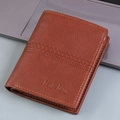 Brown lychee texture leather bifold wallet for men with woven pattern and compact card slots - Brown