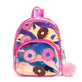 Detalle de mochila holográfica de donuts con colgante rosa y material de TPU transparente - Rosa Irisado