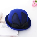 Dark blue wool bowler hat featuring 3D rabbit ears and a delicate black mesh bow - Royal Blue