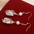 Elegant wire-wrapped Baroque pearl drop earrings in gold-tone with S925 silver hooks - Square Baroque Pearl / Purple