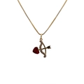 Gold cupid arrow necklace with red heart pendant and cubic zirconia inlays - Box Chain / Gold