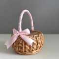 Handwoven willow flower basket with pink ribbon handle and bow for wedding decoration - Small (15cm Diameter) / Pink Ribbon