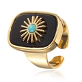 Adjustable golden ring featuring a vintage sun motif with turquoise and black enamel - RI046-1 Black Stone Sunburst