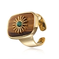 Adjustable golden ring with tiger eye stone and green malachite sunburst detail - RI046-5 Tiger Eye Sunburst
