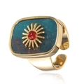 Adjustable gold flower ring with blue lapis lazuli stone and red agate bead accent - RI046-8 Lapis Red Stone Sunburst