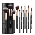 Set di 12 pennelli da trucco nero e oro rosa con custodia a cilindro professionale inclusa - Tubo Tondo Nero RC da 12 Pezzi