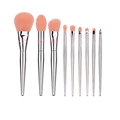 Set of 9 professional makeup brushes with silver metal handles and peach pink bristles - 9 Pieces/Pack / Pink