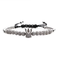 Pulsera tejida ajustable con colgante de corona de circonitas y cuentas plateadas - Corona / Oro Blanco