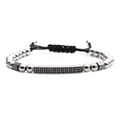 Adjustable woven bracelet with silver beads and rectangular black zircon bar charm - White Gold Bar