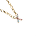Detailed macro view of golden chain necklace with colorful zircon encrusted cross pendant - Letter X