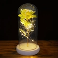 Preserved yellow rose in glass dome with warm LED lights on a circular wooden base - Original Wood Single Galaxy Rose Yellow