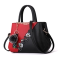 Red and black two-tone floral embroidery handbag with plush pompom and gold hardware - Wine Red Patchwork