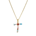Macro detail of gold T-shaped cross pendant with colorful gemstones on O-chain necklace - Letter T