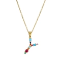 Macro detail of golden letter Y necklace pendant inlaid with colorful vibrant gemstones - Letter Y