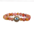 Close-up of 8mm matte colorful beaded bracelet featuring a zircon-studded Evil Eye charm - Orange