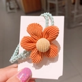 Elastico per capelli con fiore di velluto a coste arancione e cordino intrecciato blu - Fiore in Maglia-Giallo Arancio