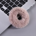 Soft pink plush scrunchie made of faux fur resting on a silver laptop keyboard - Donut Scrunchie-Khaki