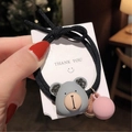 Elastico per capelli nero con ciondolo orsetto grigio e pallina rosa su carta - Elastico Orso Carino-Nero