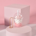 Porte-clés mini tasse à thé au lait rose et blanc avec chaînette à perles dorée - Style de chaîne à billes / Rose