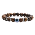 8mm tiger eye bead bracelet featuring a blue evil eye charm and silver spacers - Yellow Tiger Eye Evil Eye