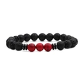 Bracciale da 8mm in pietra lavica e turchese rosso con distanziali metallici su sfondo bianco - Pietra lavica nera con turchese rosso
