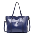 Navy blue vintage oil wax leather tote bag with top handles and adjustable shoulder strap - Blue