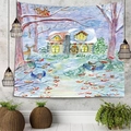 Winter snow cabin Christmas wall tapestry featuring reindeer and forest scenery - Oil Painting Forest Cabin (Style 6)