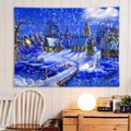 Tapiz decorativo de paisaje invernal con cabaña y pájaro amarillo sobre fondo azul - 150x130cm / Cabaña de Nieve con Pájaro Amarillo