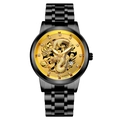 Montre homme luxe en acier noir avec relief dragon doré et guichet de date - Cadran Doré Boîtier Noir Bracelet Noir