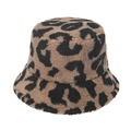 Detailed close-up showing soft leopard print plush faux fur texture of the winter bucket hat - 58cm / Brown