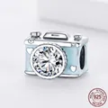 S925 Sterling Silver Camera Charm with Blue Enamel Heart and Sparkling Zircon Stone - BSC264 / Light Blue