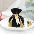 Elegant black velvet wedding favor pouch with gold tassel and Xi character tag - Dark Green